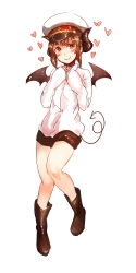 Rule 34 | 1girl, absurdres, anonymous drawfag, bat wings, blush, boots, brown hair, demon girl, demon tail, dictator, drawfag, gender request, genderswap, hat, heart, highres, horns, joseph stalin, knees together feet apart, knees together feet apart, mc axis, mini wings, miniskirt, peaked cap, pigeon-toed, real life, real life insert, shirt, short hair, skirt, smile, solo, star-shaped pupils, star (symbol), symbol-shaped pupils, tail, wings