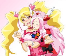 Rule 34 | 00s, 2girls, blonde hair, blush, bow, closed eyes, cure passion, cure peach, fresh precure!, fuchi (nightmare), hair ornament, heart, heart hair ornament, higashi setsuna, holding another&#039;s wrist, hug, hug from behind, licking, long hair, momozono love, multiple girls, pink bow, pink eyes, pink hair, precure, red eyes, simple background, tongue, twintails, waist bow, yuri