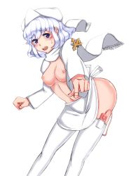 Rule 34 | 1girl, apron, bad id, bad pixiv id, breasts, female focus, hat, highres, image sample, letty whiterock, naked apron, navel, nipples, nosuku, pixiv sample, scarf, sex toy, short hair, simple background, solo, thighhighs, topless, touhou, vibrator, vibrator in thighhighs, white background, white scarf, white thighhighs