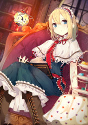 Rule 34 | 1girl, alice margatroid, ascot, benio (dontsugel), blonde hair, blue eyes, book, bookshelf, boots, capelet, chair, cross-laced footwear, dress, hairband, heart, heart print, highres, lace-up boots, lamp, lolita hairband, nmaaaaa, short hair, sitting, solo, touhou