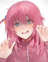 Rule 34 | 1girl, absurdres, blue eyes, bocchi the rock!, commentary, cube hair ornament, gotoh hitori, hair between eyes, hair ornament, hands up, highres, jacket, long hair, long sleeves, looking at viewer, misu (miisuuu), nervous, nervous sweating, one side up, open mouth, pink hair, pink jacket, simple background, solo, sweat, tears, track jacket, upper body, white background