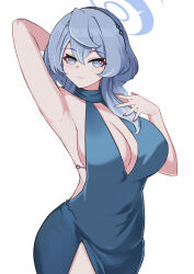 Rule 34 | 1girl, absurdres, ako (blue archive), ako (dress) (blue archive), arm up, armpits, bare arms, bare shoulders, blue archive, blue dress, blue eyes, blue hair, breasts, cleavage, commentary request, cowboy shot, dress, highres, large breasts, long hair, looking at viewer, nail polish, purple nails, simple background, sleeveless, sleeveless dress, smile, solo, tian kazuki, white background