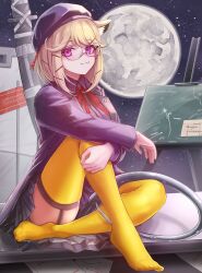 Rule 34 | 1girl, 3 (sanyako1), absurdres, animal ear fluff, animal ears, arknights, blonde hair, breasts, closed mouth, eyewear on head, fang, glasses, hair ornament, hat, highres, large breasts, long hair, long sleeves, looking at viewer, official alternate costume, pantyhose, purple hat, skin fang, skirt, sky, smile, solo, star (sky), starry sky, thighhighs, utage (arknights), utage (disguise) (arknights), yellow pantyhose, yellow thighhighs
