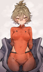 Rule 34 | 1girl, absurdres, bodysuit, breasts, brown hair, closed mouth, covered navel, cowboy shot, crossed bangs, dot nose, facing viewer, felsi rollo, gluteal fold, gundam, gundam suisei no majo, hair between eyes, highres, legs apart, looking at viewer, red bodysuit, ringobatake, short hair, small breasts, solo, sweat, thighs, yellow eyes
