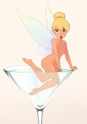 Rule 34 | 1girl, 34no404, angry, barefoot, blonde hair, blue eyes, breasts, collarbone, cup, disney, drinking glass, fairy, fairy wings, hair bun, highres, looking at viewer, nipples, nude, open mouth, peter pan (disney), pointy ears, single hair bun, small breasts, tinker bell (disney), wings