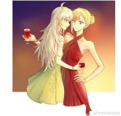 Rule 34 | 2girls, ahoge, bare arms, bare shoulders, blonde hair, blue eyes, bracelet, closed mouth, commentary request, cropped legs, cup, dress, earrings, fate (series), from side, green dress, grey background, grey hair, hair ribbon, holding, holding cup, jewelry, long hair, looking at another, lord el-melloi ii case files, multicolored background, multiple girls, official alternate costume, olga marie animusphere, orange background, purple background, red dress, red wine, reines el-melloi archisorte, ribbon, short hair, tanxi mei piqi, tress ribbon, wine