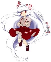 Rule 34 | 1girl, :/, adapted costume, big hair, bloomers, blush, buttons, closed mouth, collared shirt, dress shirt, fujiwara no mokou, grey bloomers, grey shirt, juliet sleeves, long hair, long sleeves, nonamejd, official style, puffy sleeves, red eyes, red skirt, shirt, simple background, skirt, solo, suspender skirt, suspenders, touhou, underwear, very long hair, white background, white hair, zun (style)