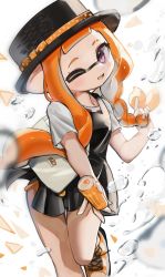 Rule 34 | 1girl, bag, blush, braid, breasts, bubble, dress, handbag, hat, highres, inkling, inkling girl, inkling player character, long hair, looking at viewer, nintendo, one eye closed, open mouth, orange hair, shirt, shoes, short sleeves, small breasts, solo, splatoon (series), tentacle hair, top hat, ume (plumblossom)