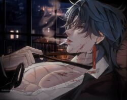 Rule 34 | 1boy, abs, black coat, blade (honkai: star rail), blood, blood on clothes, blood on face, cigarette, coat, collared shirt, earrings, green hair, highres, honkai: star rail, honkai (series), injury, jewelry, large pectorals, male focus, necktie, pectorals, pulling, red eyes, scar, scar on chest, shirt, smoking, tassel, tassel earrings, tiredceles, unbuttoned, window