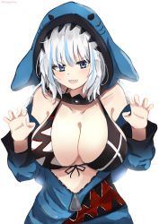 Rule 34 | 1girl, absurdres, alternate breast size, animal hood, animeattics, bare shoulders, bikini, bikini top only, blue eyes, blue hair, breasts, claw pose, cleavage, cowboy shot, gawr gura, highres, hololive, hololive english, hood, large breasts, looking at viewer, multicolored hair, open hands, open mouth, shark hood, sharp teeth, silver hair, solo, streaked hair, swimsuit, teeth, unzipped, v-shaped eyebrows, virtual youtuber, white background, zipper