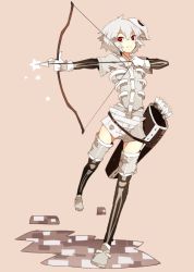 Rule 34 | 1boy, 1girl, arrow (projectile), bad id, bad pixiv id, boots, bow (weapon), drawing bow, holding, holding bow (weapon), holding weapon, male focus, mask, minecraft, personification, quiver, red eyes, rooseputo 02, short hair, shorts, skeleton (minecraft), solo, thigh boots, thighhighs, weapon, white hair