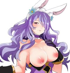 Rule 34 | animal ears, bare shoulders, breasts, breasts out, camilla (fire emblem), camilla (spring) (fire emblem), choker, collarbone, commentary request, fake animal ears, fire emblem, fire emblem fates, fire emblem heroes, gloves, hair over one eye, hand up, headband, large breasts, leotard, long hair, nintendo, nipples, official alternate costume, playboy bunny, purple eyes, purple gloves, purple hair, rabbit ears, rem (eyes 410), shiny skin, solo, upper body, wavy hair