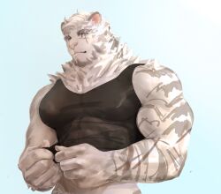 Rule 34 | 1boy, abs, animal ears, arknights, banhthi, bara, biceps, black tank top, clothes pull, commentary, cross scar, english commentary, facial scar, furry, furry male, highres, looking at viewer, male focus, mountain (arknights), multiple scars, muscular, muscular male, pectorals, scar, scar across eye, scar on arm, scar on cheek, scar on face, shirt, shirt pull, sleeveless, sleeveless shirt, tank top, tiger boy, tiger ears, tiger stripes