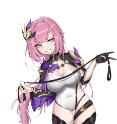 Rule 34 | 1girl, :d, absurdres, black footwear, black gloves, blue eyes, boots, breasts, cleavage, elysia (honkai impact), elysia (miss pink elf) (honkai impact), gloves, grin, hair ornament, highres, holding, holding leash, honkai (series), honkai impact 3rd, hs (user hvww8443), leash, leotard, long hair, looking at viewer, open mouth, pink hair, pointy ears, ponytail, simple background, single glove, smile, solo, teeth, thigh boots, thighhighs, white background, white leotard