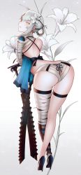 Rule 34 | 1girl, absurdres, artist request, ass, bandaged arm, bandages, bare shoulders, braid, breasts, butt crack, dual wielding, flower, from behind, gloves, hair flower, hair ornament, highres, holding, kaine (nier), leaning, leaning forward, long hair, looking at viewer, looking back, nier, nier (series), parted lips, shiny skin, short shorts, shorts, sideboob, silver hair, single thighhigh, solo, sword, thighhighs, weapon, yellow eyes
