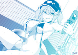 Rule 34 | 1girl, bikini, bikini pull, bikini top only, blue theme, blunt bangs, blush, bottle, bottomless, breasts, cellphone, clothes pull, commentary request, fang, feet out of frame, flat cap, flip phone, hair bobbles, hair ornament, hat, highres, holding, holding phone, indoors, kagiyama shachou, kawashiro nitori, large breasts, looking at viewer, medium hair, monochrome, navel, open mouth, phone, shower (place), sidelocks, skin fang, solo, sweat, swimsuit, touhou, two side up, undressing, water bottle