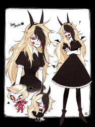 Rule 34 | 2girls, aged down, bat wings, black hair, blonde hair, charlie morningstar, chibi, collage, colored sclera, commentary request, crossed arms, demon tail, dress, dual persona, english text, formal, hair over one eye, hazbin hotel, highres, multicolored hair, multiple girls, one eye closed, one eye covered, pale skin, red eyes, sharp teeth, smile, suit, tail, teeth, wings, yellow sclera, yokotn
