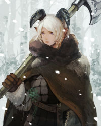 Rule 34 | 1girl, armor, axe, belt, brown gloves, closed mouth, fur trim, gloves, herb, holding, holding axe, holding weapon, horns, muraicchi (momocchi), original, outdoors, over shoulder, plant, pointy ears, purple eyes, short hair, signature, snow, snowing, solo, tree, weapon, weapon over shoulder, white hair, winter, winter clothes