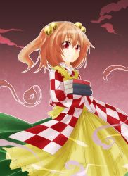 Rule 34 | 1girl, apron, bell, book, cloud, hair ornament, highres, jingle bell, kakao (noise-111), motoori kosuzu, red eyes, red hair, sky, solo, touhou, twintails, two side up