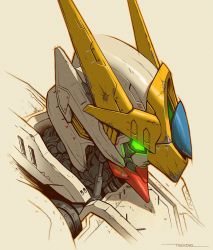 Rule 34 | artist name, commentary, english commentary, from side, glowing, glowing eye, green eyes, gundam, gundam barbatos, gundam barbatos lupus, gundam tekketsu no orphans, head only, highres, looking down, mecha, mobile suit, piston, robbie trevino, robot, science fiction, solo, v-fin