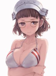 Rule 34 | 1girl, alternate costume, arm at side, arm under breasts, bare shoulders, bikini, blunt bangs, breasts, brown-framed eyewear, brown eyes, brown hair, cleavage, collarbone, eyewear strap, glasses, hat, holding own arm, kantai collection, large breasts, looking at viewer, pince-nez, rokuwata tomoe, roma (kancolle), round eyewear, short hair, simple background, solo, swimsuit, upper body, wavy hair, wet, white background, white bikini