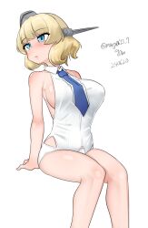 Rule 34 | 1girl, absurdres, blonde hair, blue eyes, blue necktie, breasts, collared shirt, colorado (kancolle), dress shirt, feet out of frame, garrison cap, grey hat, hat, highres, invisible chair, kantai collection, large breasts, leaning back, maru (marg0613), necktie, panties, shirt, short hair, simple background, sitting, sleeveless, sleeveless shirt, solo, underwear, white background, white panties, white shirt