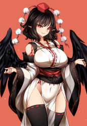 Rule 34 | 1girl, absurdres, alternate costume, black hair, black thighhighs, black wings, breasts, closed mouth, covered navel, cowboy shot, detached sleeves, eyelashes, feathered wings, hat, highres, japanese clothes, kourindou tengu costume, large breasts, long sleeves, looking at viewer, medium hair, naughty face, obi, orange background, pelvic curtain, pointy ears, pom pom (clothes), raptor7, red eyes, red hat, revision, ribbon-trimmed legwear, ribbon-trimmed sleeves, ribbon trim, sash, shameimaru aya, simple background, smile, solo, thighhighs, tokin hat, touhou, wide sleeves, wings