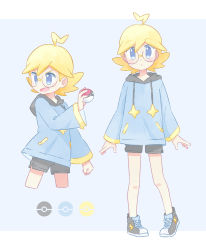 Rule 34 | 1boy, ahoge, akasaka (qv92612), alternate costume, blonde hair, blue eyes, blue hoodie, blush, clemont (pokemon), commentary request, creatures (company), game freak, glasses, grey background, hand up, highres, holding, holding poke ball, hood, hood down, hoodie, long sleeves, male focus, multiple views, nintendo, open mouth, pigeon-toed, poke ball, poke ball (basic), poke ball symbol, pokemon, pokemon xy, shoes, shorts, sneakers, standing, tongue