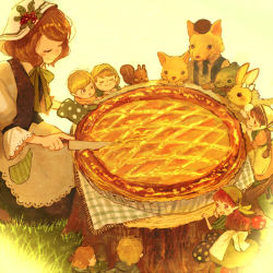 Rule 34 | 2boys, 5girls, animal, apple pie, apron, blonde hair, blue neckwear, bow, braid, brown hair, closed eyes, closed mouth, commentary request, cutting, dress, food, furry, grass, hat, head scarf, knife, lace, lace-trimmed dress, lace trim, long hair, multiple boys, multiple girls, mushroom, necktie, open mouth, original, oven mitts, parted bangs, pon (cielo), rabbit, red hair, short hair, smile, squirrel, tree stump