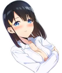 Rule 34 | 1girl, absurdres, apollo (hu maple), bad id, bad pixiv id, black hair, blue eyes, blush, breasts, cleavage, dress shirt, highres, long sleeves, looking at viewer, medium breasts, naked shirt, no bra, original, parted lips, self-upload, shirt, simple background, solo, upper body, white background, white shirt