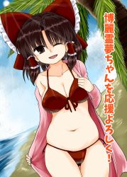 Rule 34 | 1girl, ;d, bad id, bad pixiv id, beach, belly, bikini, bow, breasts, brown eyes, brown hair, cleavage, collarbone, female focus, front-tie top, gluteal fold, hair bow, hair tubes, hakurei reimu, jacket, jacket over swimsuit, large breasts, looking at viewer, navel, ocean, one eye closed, open mouth, outdoors, palm tree, plump, removing jacket, robe, sand, side-tie bikini bottom, skindentation, smile, solo, swimsuit, thigh gap, touhou, translation request, tree, water, zetsumame