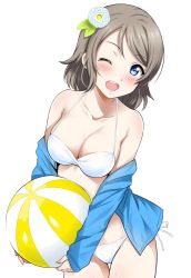 Rule 34 | 1girl, ;d, ball, beachball, bikini, blue eyes, blush, breasts, cleavage, cowboy shot, flower, hair flower, hair ornament, halterneck, highres, light brown hair, looking at viewer, love live!, love live! sunshine!!, medium breasts, off shoulder, one eye closed, open mouth, sankuro (agoitei), short hair, side-tie bikini bottom, simple background, sleeves past wrists, smile, solo, swept bangs, swimsuit, thigh gap, watanabe you, white background, white bikini