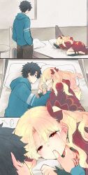 Rule 34 | 1boy, 1girl, azumi (myameco), bed, black hair, blonde hair, bow, cape, closed eyes, command spell, earrings, ereshkigal (fate), fate/grand order, fate (series), finger to another&#039;s mouth, fujimaru ritsuka (male), hair ribbon, hand on another&#039;s face, hetero, jewelry, long hair, long sleeves, parted bangs, pillow, red eyes, red ribbon, ribbon, short hair, two side up, very long hair, waking another, waking up