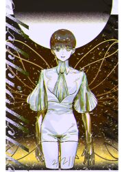 Rule 34 | 1other, androgynous, ascot, blue eyes, blue hair, bowl cut, collared shirt, colored skin, cropped legs, crystal hair, framed, gold, golden arms, haun, heterochromia, high collar, houseki no kuni, looking at viewer, moon, necktie, open mouth, other focus, phosphophyllite, phosphophyllite (ll), see-through, see-through sleeves, shirt, short hair, short shorts, shorts, smile, solo, standing, straight-on, straight hair, white ascot, white eyes, white skin, wide sleeves, wing collar