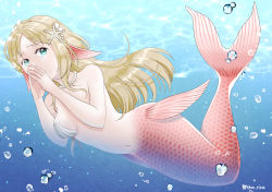 Rule 34 | 1girl, air bubble, artist name, blonde hair, bubble, commentary request, crying, crying with eyes open, fins, full body, green eyes, hair ornament, head fins, highres, jewelry, long hair, mermaid, minatsuki lisa, monster girl, navel, necklace, original, pearl necklace, scales, solo, starfish hair ornament, tears, twitter username, underwater, watermark
