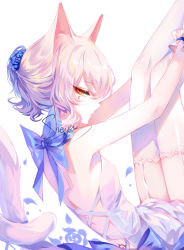 Rule 34 | 1girl, absurdres, animal ears, artist name, backless dress, backless outfit, bare shoulders, blue flower, blue rose, cat ears, cat tail, dress, flower, from side, hair flower, hair ornament, highres, legs up, original, rose, sheya, short hair, signature, silver hair, simple background, solo, tail, white background, white dress, wrist cuffs, yellow eyes