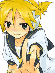 Rule 34 | 1boy, blonde hair, detached sleeves, foreshortening, green eyes, headphones, headset, kagamine len, male focus, microphone, outstretched arm, outstretched hand, reaching, sagizawa, short hair, simple background, solo, vocaloid