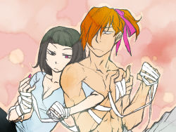 Rule 34 | 1boy, 1girl, abs, adon (street fighter), alternate hairstyle, arm grab, holding another&#039;s arm, bandages, black hair, breasts, capcom, cleavage, couple, hair over one eye, hair ribbon, han juri, hand wraps, head rest, hetero, heterochromia, hikage mono, long hair, muscular, nail polish, purple eyes, ribbon, short hair, small breasts, street fighter, street fighter iv (series), topless, wrist wrap
