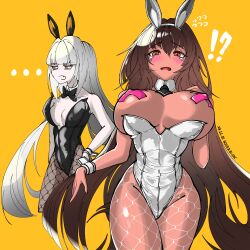 Rule 34 | !?, ..., 2girls, absurdres, aludoru, animal ears, blanc (nikke), blush, bow, breasts, breasts out, brown hair, cosplay, costume switch, crying, dark-skinned female, dark skin, disgust, fake animal ears, feet out of frame, fishnets, goddess of victory: nikke, hand on own chest, hand on own hip, highres, large breasts, leotard, long hair, medium breasts, multiple girls, necktie, noir (nikke), open mouth, orange eyes, pasties, playboy bunny, rabbit ears, sketch, tears, thighs, white hair, wrist cuffs, yellow background, yellow eyes