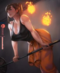 Rule 34 | 1girl, barbell, bare shoulders, bent over, black tank top, breasts, brown hair, cleavage, collarbone, covered erect nipples, en&#039;en no shouboutai, exercising, fire, firefighter, fire, hanging breasts, indoors, large breasts, maki oze, muscular, muscular female, orange overalls, orange pants, overalls, pants, patreon username, ponytail, purple eyes, rejean dubois, solo, spirit, standing, tank top, toned, uniform, weightlifting, weights