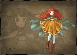 Rule 34 | 1girl, brown eyes, brown hair, cape, female focus, fire emblem, fire emblem: radiant dawn, full body, hair ornament, long hair, nintendo, official art, open mouth, pantyhose, poncho, red eyes, red hair, shoes, solo, aged down, yune (fire emblem)