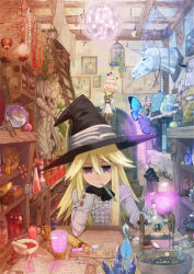 Rule 34 | 1girl, annoyed, blonde hair, blouse, book, butterfly wings, cage, cake, crystal, disco ball, fairy, flask, flower, food, frilled shirt, frills, gloves, glowing, hair between eyes, hat, head rest, highres, indoors, insect wings, jewelry, kotetu, ladder, mortar (bowl), mouth hold, mushroom, necklace, original, pastry, pen, purple eyes, room, round-bottom flask, shirt, sitting, solo, solo focus, statue, tsurusaki yuu, unicorn, white shirt, wings, witch, witch hat