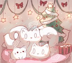 Rule 34 | 0 0, :&gt;, animal, animal focus, bow, box, cat, christmas, christmas ornaments, christmas tree, closed mouth, commentary, fox, gift, gift box, glowing, no humans, original, parted lips, pillow, red bow, smile, star (symbol), symbol-only commentary, tandohark
