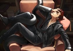 Rule 34 | 1boy, annoyed, black footwear, black necktie, black pants, black shirt, black snake, black suit, book, closed mouth, collarbone, collared shirt, crowley (good omens), demon boy, formal, full body, good omens, hair slicked back, hand on own face, highres, logictesla, looking up, necktie, on chair, open clothes, open shirt, pants, pillow, red hair, scales, shirt, sitting sideways, slit pupils, snake, solo, suit, watch, wristwatch, yellow eyes