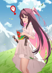Rule 34 | 1girl, absurdres, azki (hololive), braid, collared dress, colored inner hair, day, dress, geoguessr, grass, hair intakes, hair ornament, hairpin, highres, holding, holding map, hololive, long hair, looking at viewer, map, microphone, mole, mole under eye, multicolored hair, oeyama, open mouth, outdoors, pin, pink hair, ponytail, purple eyes, smile, solo, virtual youtuber, white dress