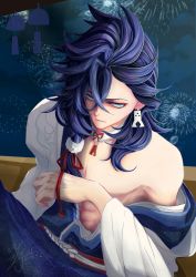 Rule 34 | 1boy, abs, asymmetrical bangs, bare shoulders, blue eyes, blue hair, closed mouth, earrings, fireworks, highres, japanese clothes, jewelry, kimono, long hair, looking at viewer, mail-judy-tw, male focus, midriff, muscular, night, night sky, onmyoji, sky, solo, susabi (onmyoji)