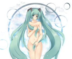 Rule 34 | 1girl, bad id, bad pixiv id, breasts, censored, convenient censoring, green eyes, green hair, hair censor, hair over breasts, hatsune miku, kus, long hair, matching hair/eyes, medium breasts, navel, nude, solo, twintails, very long hair, vocaloid