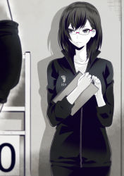 Rule 34 | 1girl, black hair, clipboard, commentary request, glasses, haikyuu!!, highres, holding, holding clipboard, kuso bba, looking at another, mole, mole under mouth, purple eyes, rimless eyewear, shimizu kiyoko, shirt, standing, track suit, white shirt