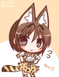 Rule 34 | 10s, 1girl, :d, animal ears, blush, bow, bowtie, brown hair, cosplay, dated, elbow gloves, flying sweatdrops, gloves, hair between eyes, hands up, high-waist skirt, kantai collection, kemono friends, komakoma (magicaltale), looking at viewer, natori (kancolle), open mouth, paw pose, print gloves, print legwear, print neckwear, print skirt, serval (kemono friends), serval (kemono friends) (cosplay), serval print, serval tail, shirt, short hair, skirt, sleeveless, sleeveless shirt, smile, striped tail, tail, thighhighs, translated, twitter username, white shirt