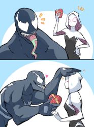 Rule 34 | 1boy, 1girl, bodysuit, breasts, chocolate, crossover, gwen stacy, highres, hood, hooded bodysuit, klyntar, long tongue, marvel, mask, medium breasts, muscular, sharp teeth, silk, simple background, skin tight, smile, spider-gwen, spider-man (series), spider web, spider web print, superhero costume, sushi pizza rrr, symbiote, teeth, tongue, tongue out, venom (marvel)